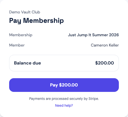 The Pay Membership page for Just Jump It Summer 2026, showing the membership, the member, the $200.00 balance due, and a Pay $200.00 button.