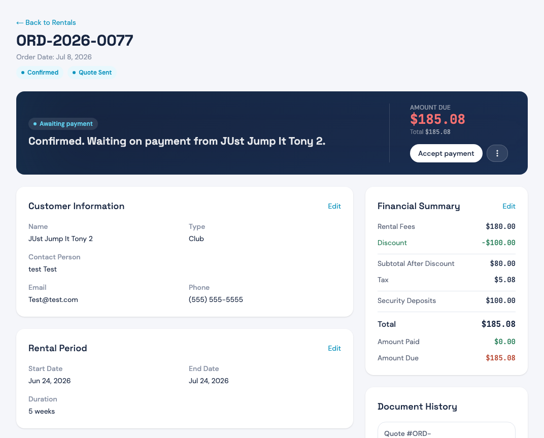 An order in ClubHQ showing its payment status, customer details, rental period, and financial summary