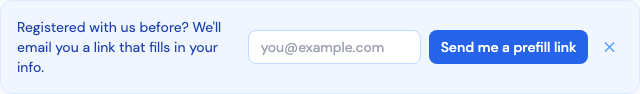 The 'Registered with us before?' box on the registration form, with a field to request a prefill link by email.