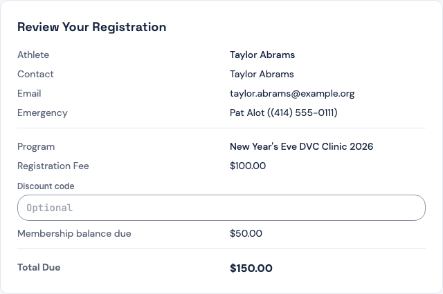 The Review Your Registration summary for an athlete whose membership is still awaiting payment: the registration fee, a Membership balance due row of $50.00, and a Total Due that adds the two together.